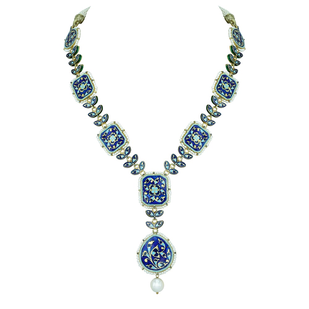 Square Polki Necklace with Turquoise Enamel and Pearl Drop